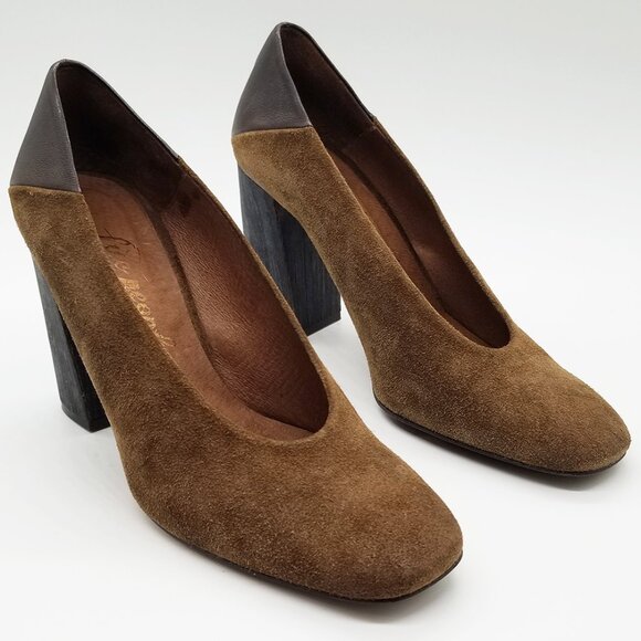 Free People Take Heart Wooden Block Heel Suede Pump 7.5 38 Square Toe Brown $198 - Picture 1 of 16